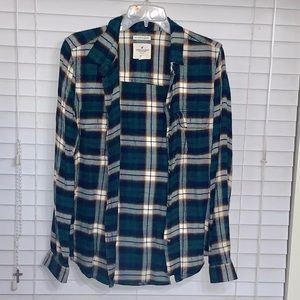 Dark Green and Blue Plaid Flannel Button Shirt